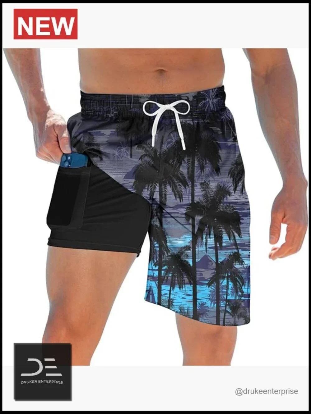 Mens Swim Trunks with Compression Liner 2 in 1 Board Shorts Quick Dry with